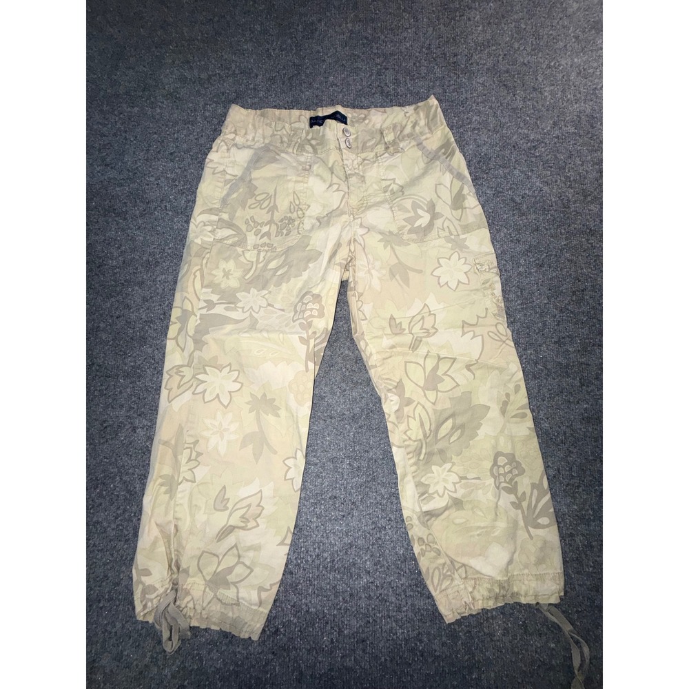 Bandolino Blu Women Beige Floral Cargo Capri Pants Size 6 Tropical Embroidered